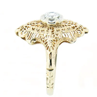 14K Yellow Gold Vintage Ladies 0.28 ct Diamond Filigree Ring