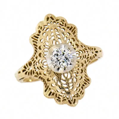14K Yellow Gold Vintage Ladies 0.28 ct Diamond Filigree Ring