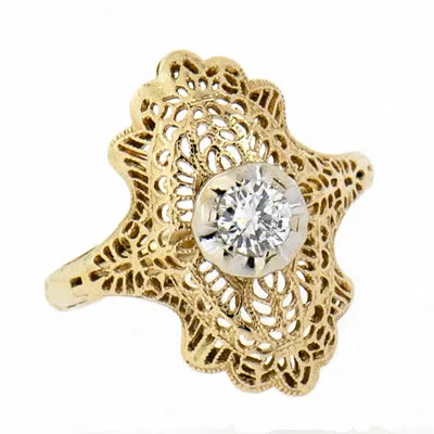 14K Yellow Gold Vintage Ladies 0.28 ct Diamond Filigree Ring