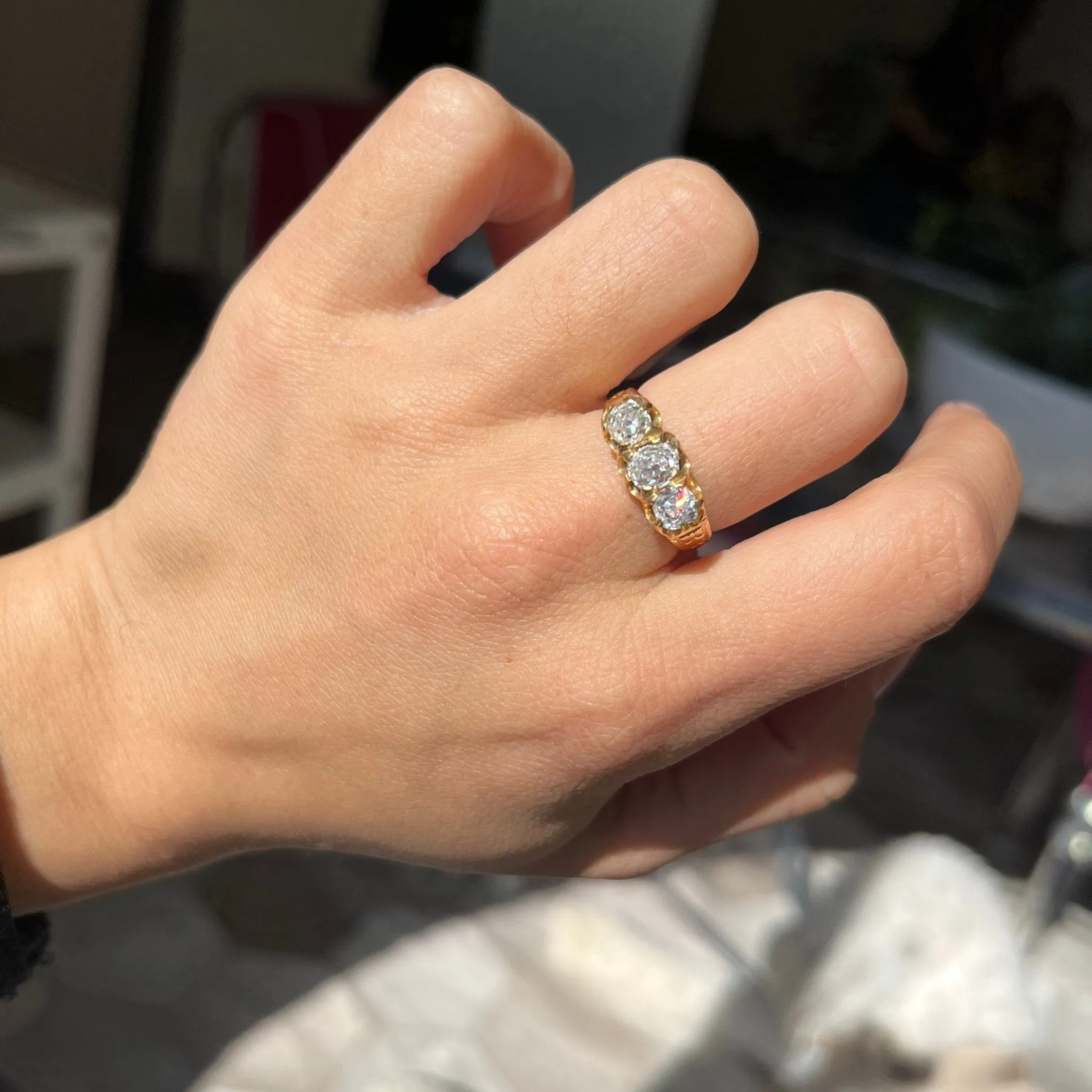 1.55ctw Antique Old Mine Cut Diamond Trilogy Ring