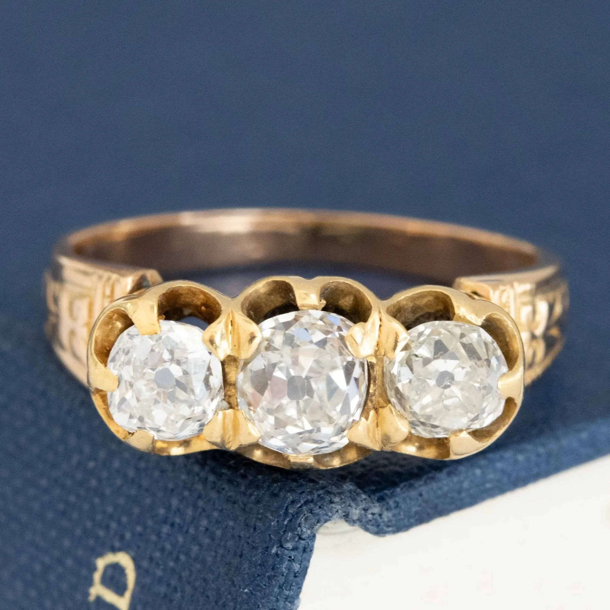 1.55ctw Antique Old Mine Cut Diamond Trilogy Ring