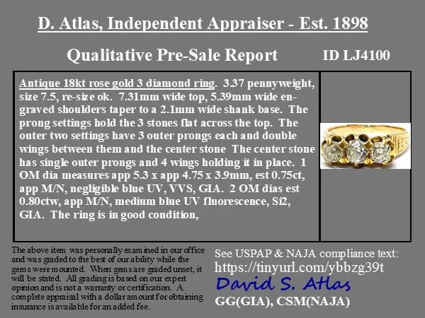 1.55ctw Antique Old Mine Cut Diamond Trilogy Ring