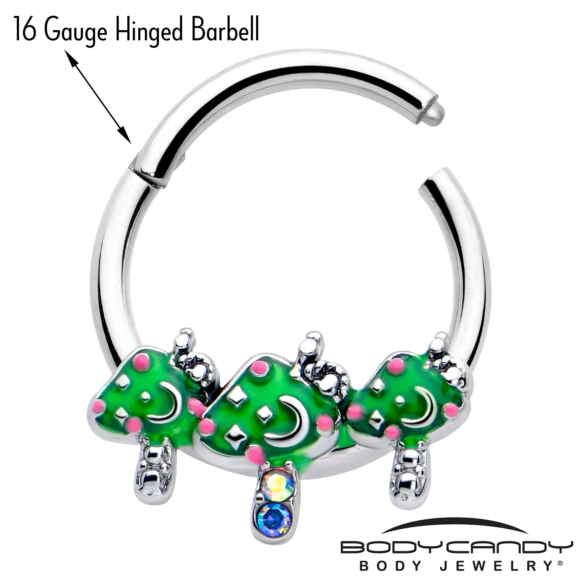 16 Gauge 3/8 Aurora Gem Fanciful Green Mushroom Trio Hinged Segment Ring