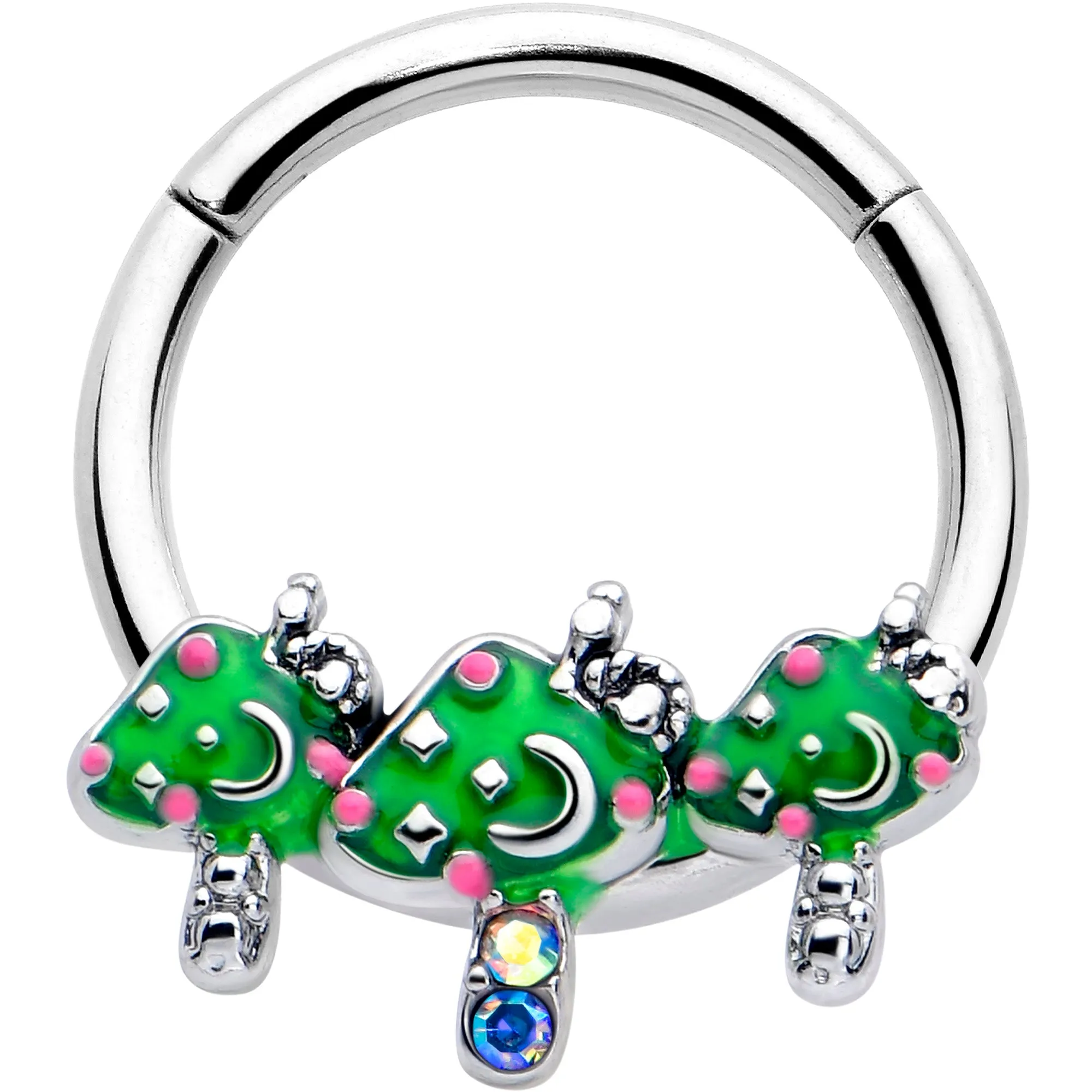 16 Gauge 3/8 Aurora Gem Fanciful Green Mushroom Trio Hinged Segment Ring