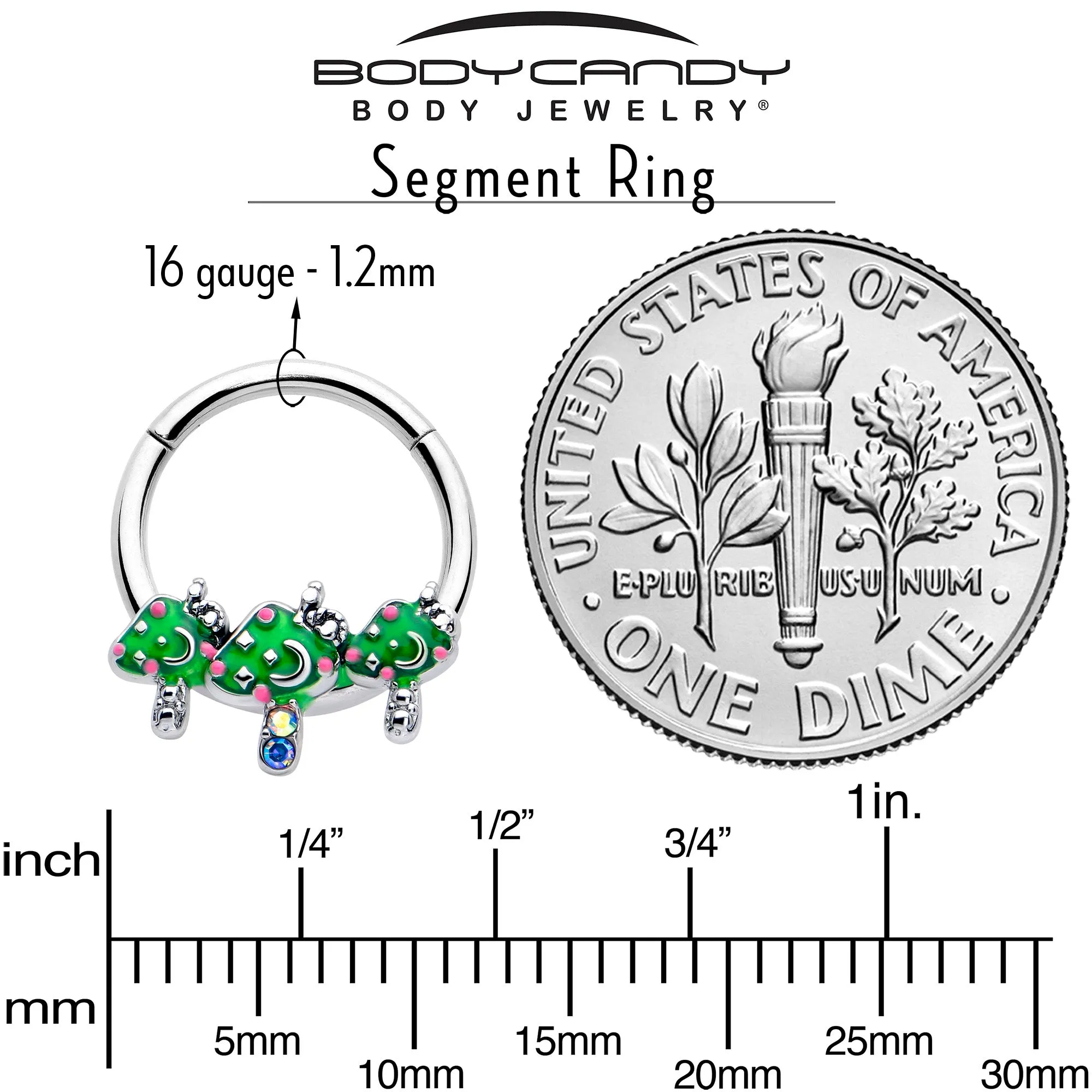 16 Gauge 3/8 Aurora Gem Fanciful Green Mushroom Trio Hinged Segment Ring