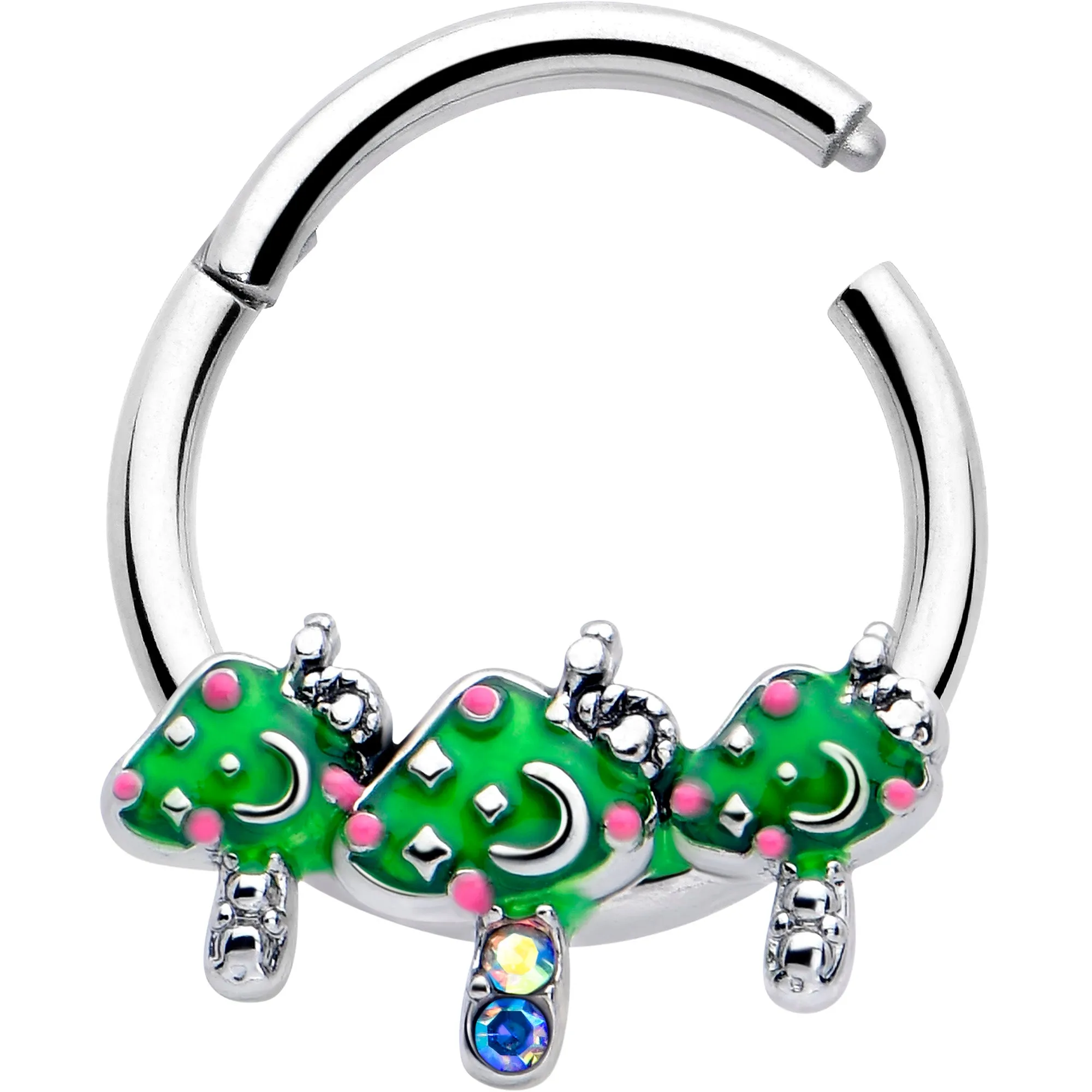16 Gauge 3/8 Aurora Gem Fanciful Green Mushroom Trio Hinged Segment Ring