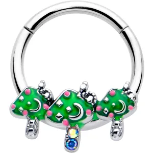 16 Gauge 3/8 Aurora Gem Fanciful Green Mushroom Trio Hinged Segment Ring