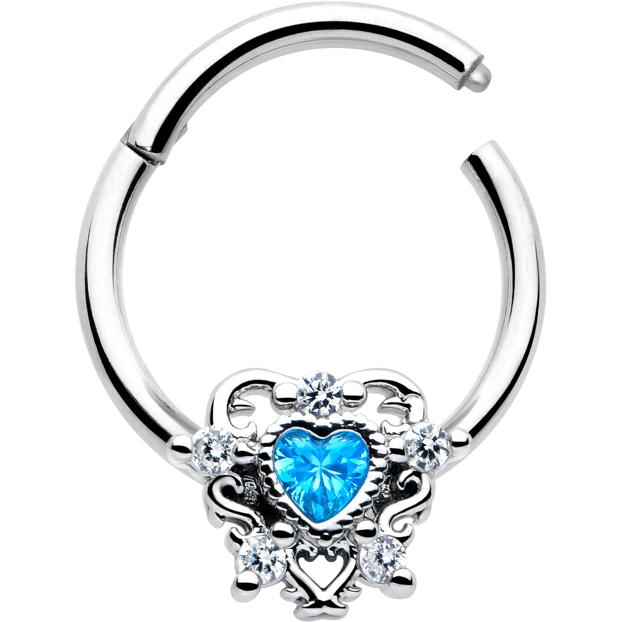 16 Gauge 3/8 Blue Clear CZ Gem Heart Pair Hinged Segment Ring