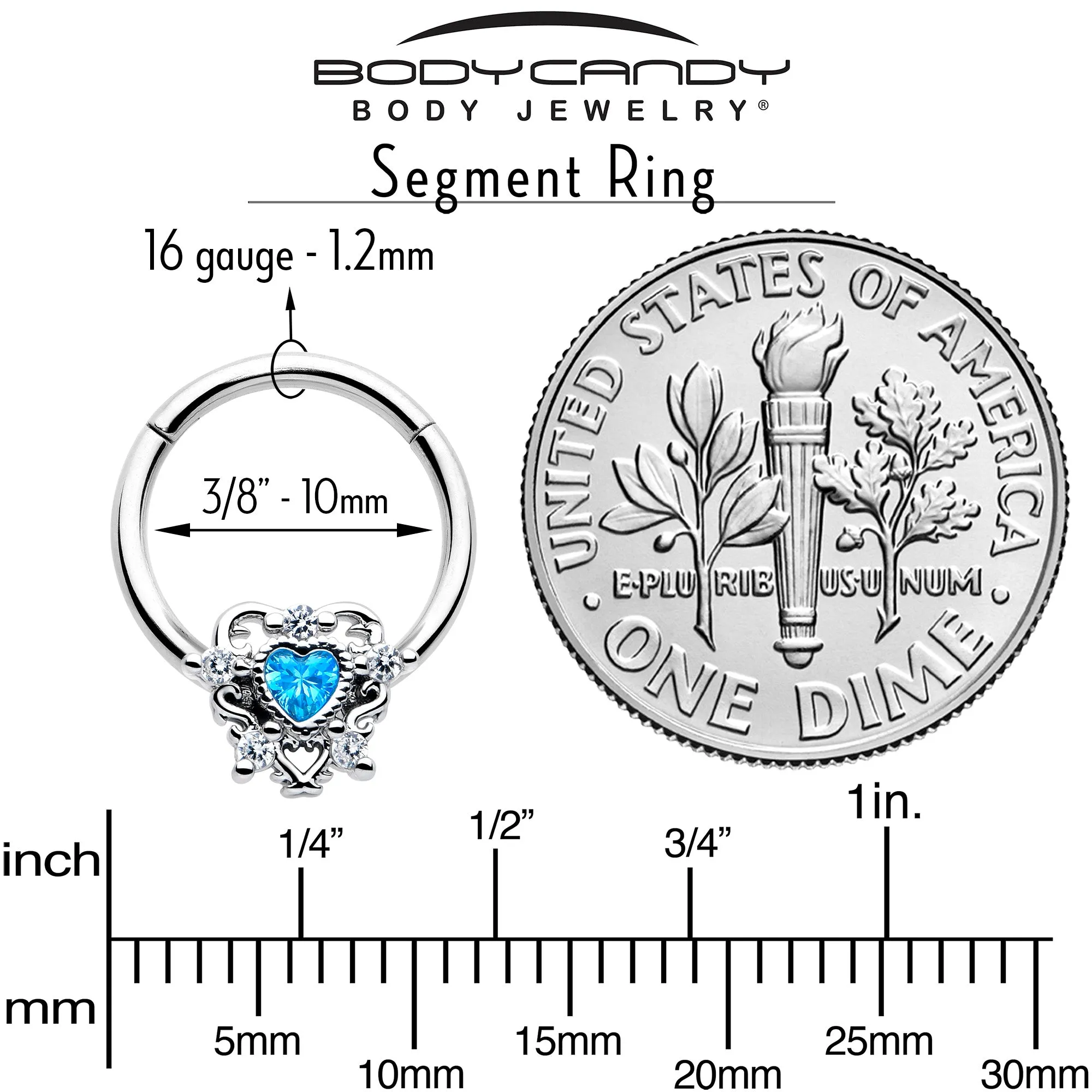 16 Gauge 3/8 Blue Clear CZ Gem Heart Pair Hinged Segment Ring