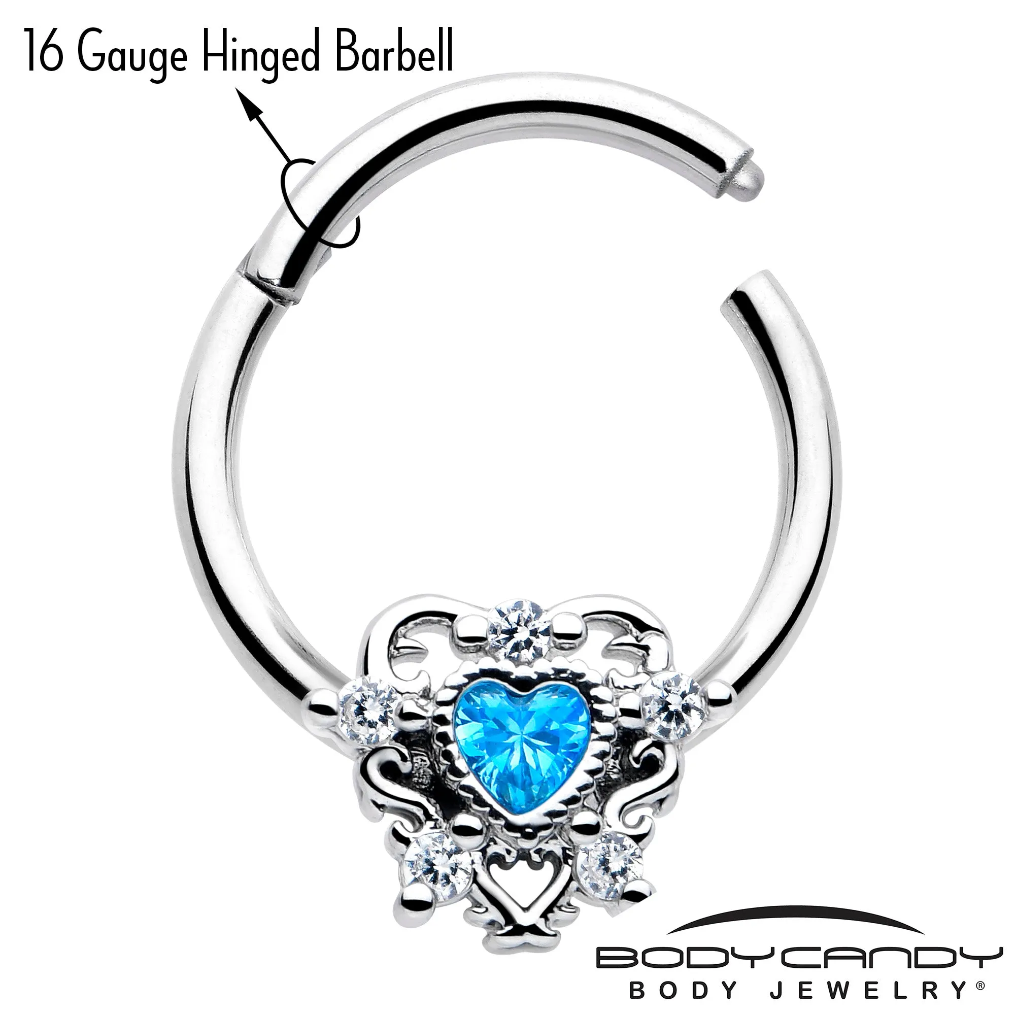 16 Gauge 3/8 Blue Clear CZ Gem Heart Pair Hinged Segment Ring