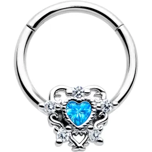 16 Gauge 3/8 Blue Clear CZ Gem Heart Pair Hinged Segment Ring