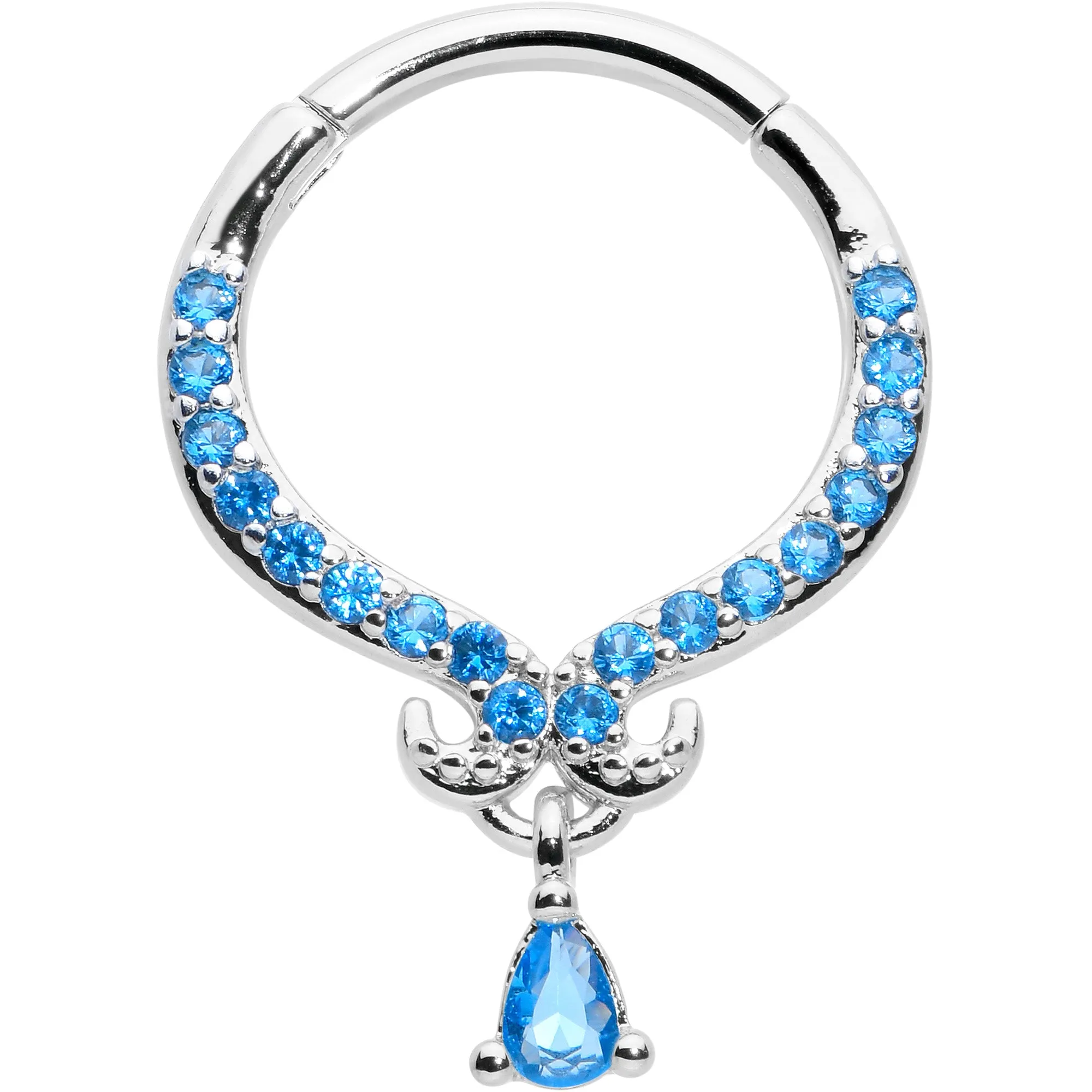 16 Gauge 3/8 Blue CZ Gem Elegant Curves Dangle Hinged Segment Ring