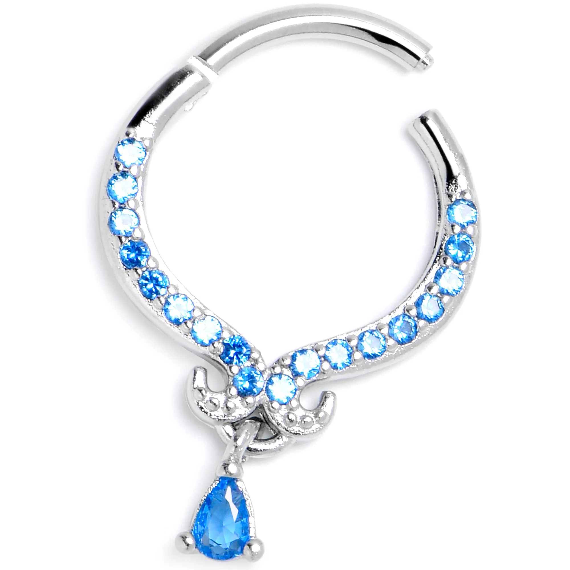 16 Gauge 3/8 Blue CZ Gem Elegant Curves Dangle Hinged Segment Ring