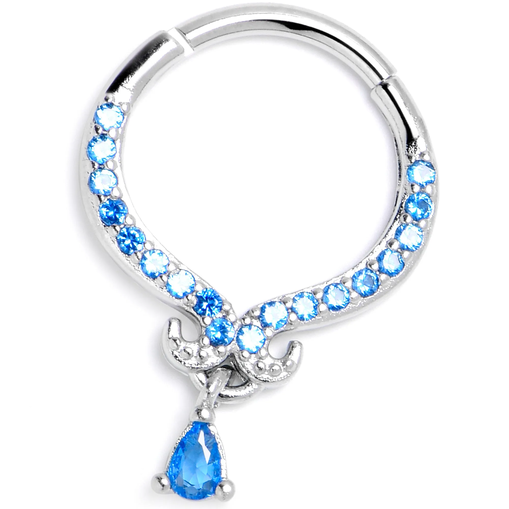 16 Gauge 3/8 Blue CZ Gem Elegant Curves Dangle Hinged Segment Ring