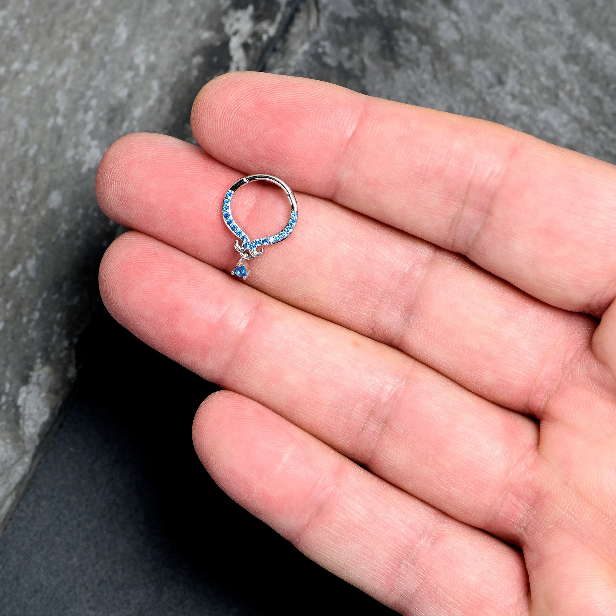 16 Gauge 3/8 Blue CZ Gem Elegant Curves Dangle Hinged Segment Ring