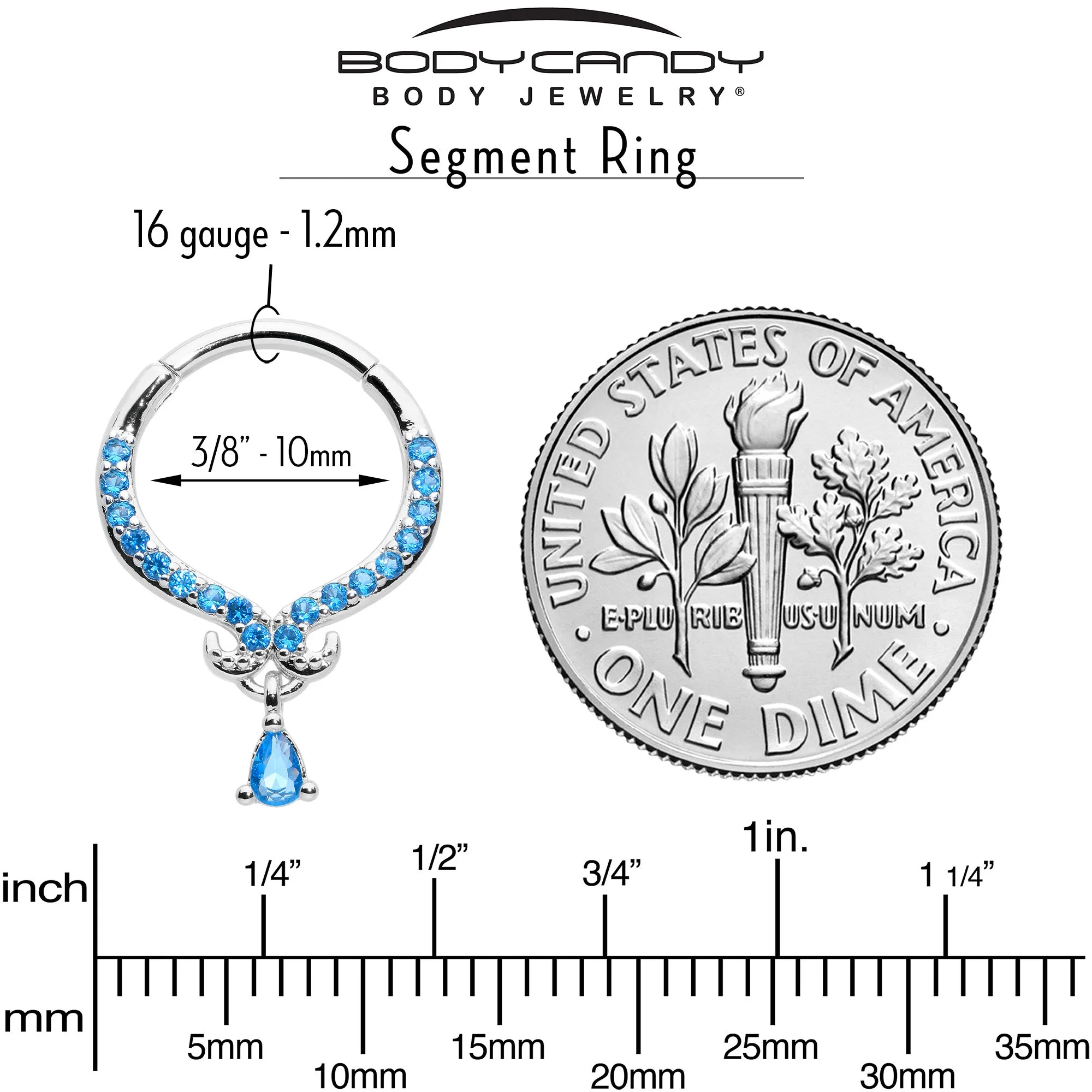 16 Gauge 3/8 Blue CZ Gem Elegant Curves Dangle Hinged Segment Ring