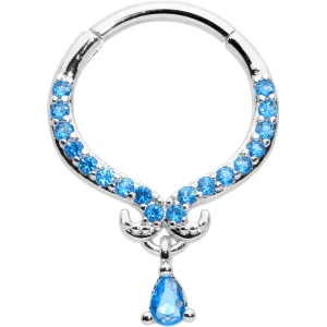 16 Gauge 3/8 Blue CZ Gem Elegant Curves Dangle Hinged Segment Ring
