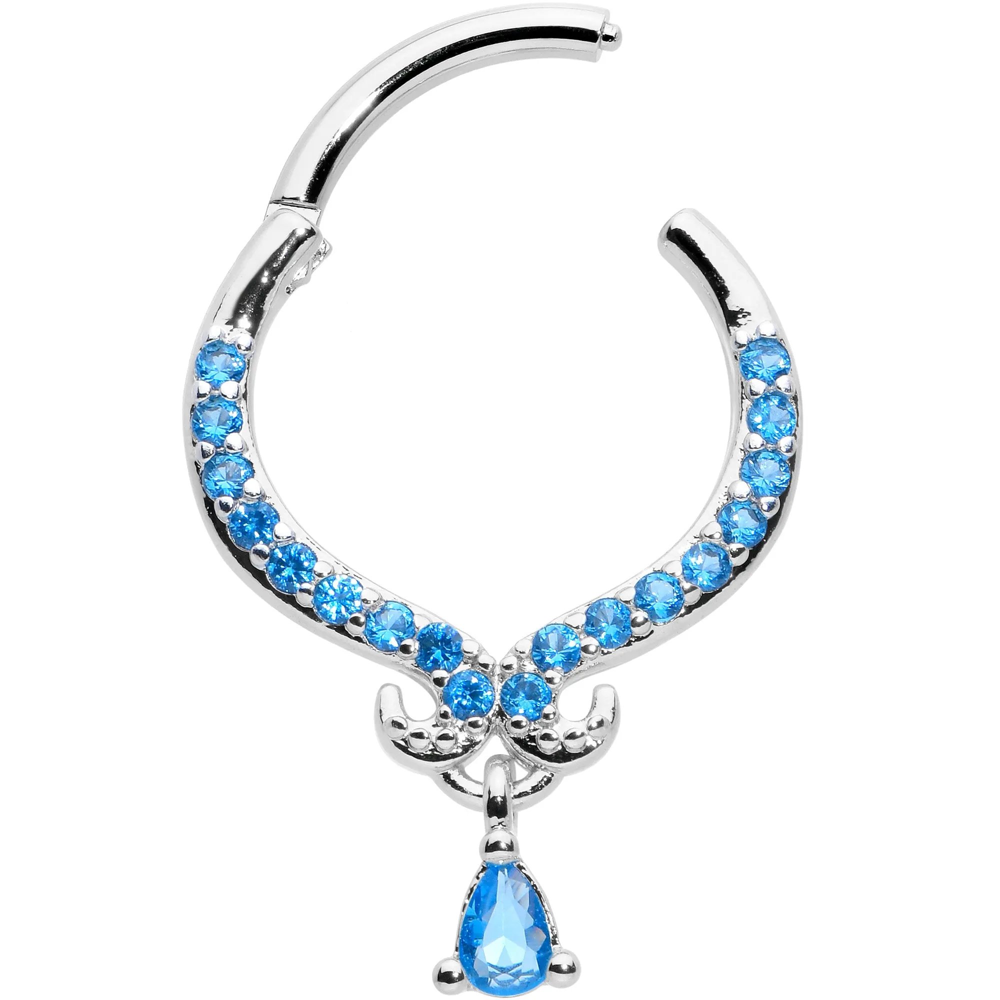 16 Gauge 3/8 Blue CZ Gem Elegant Curves Dangle Hinged Segment Ring