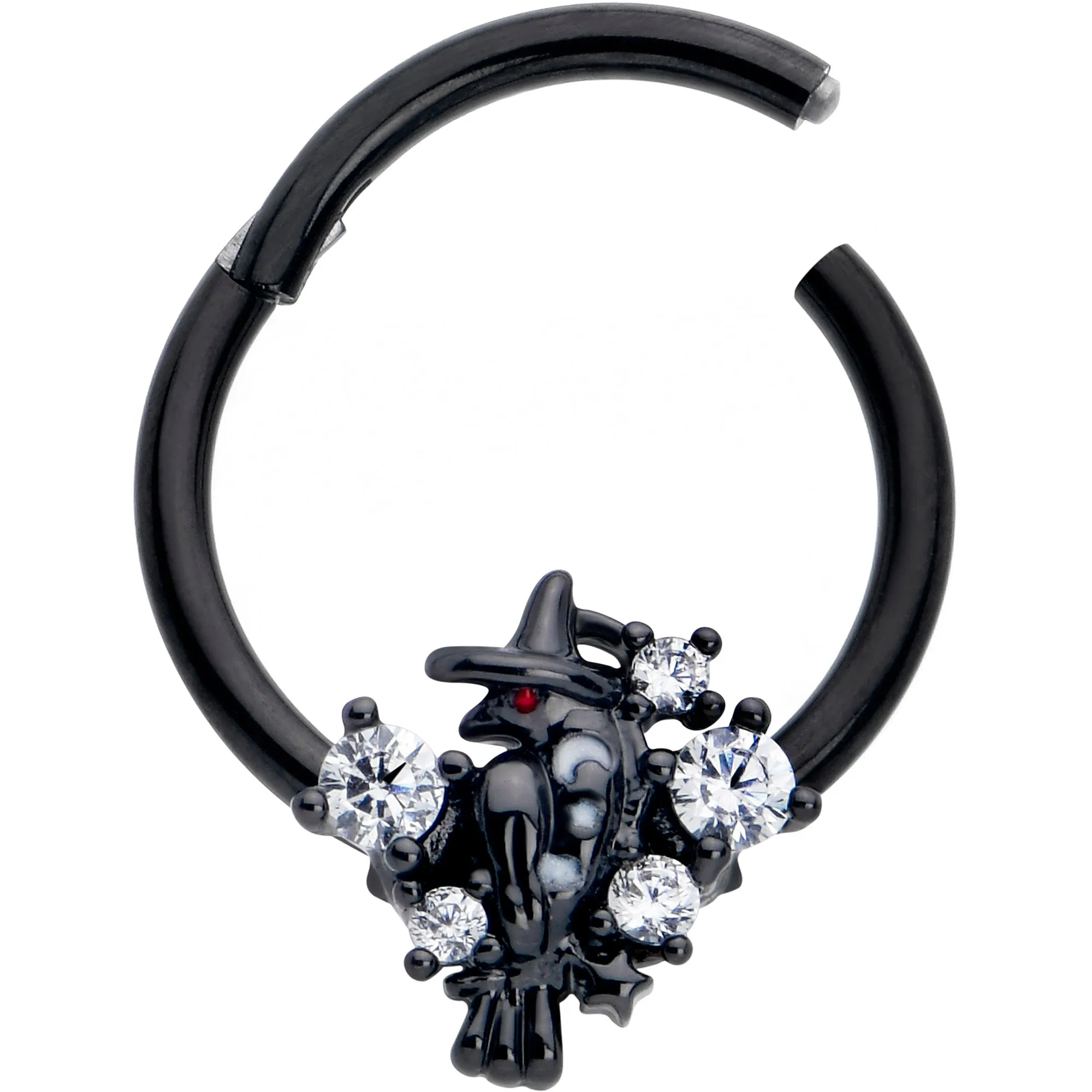 16 Gauge 3/8 Clear CZ Gem Black Raven Witch Hinged Segment Ring