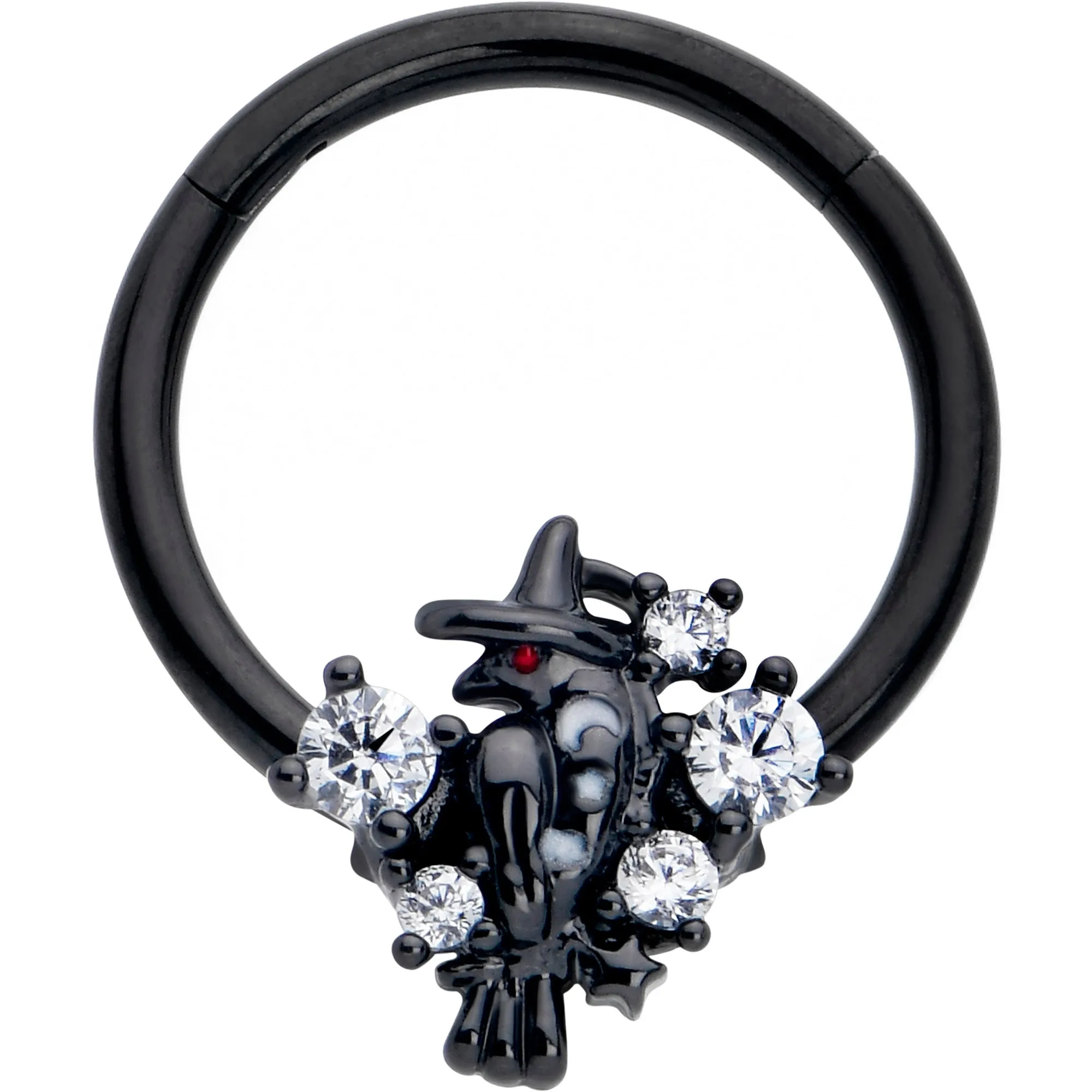 16 Gauge 3/8 Clear CZ Gem Black Raven Witch Hinged Segment Ring
