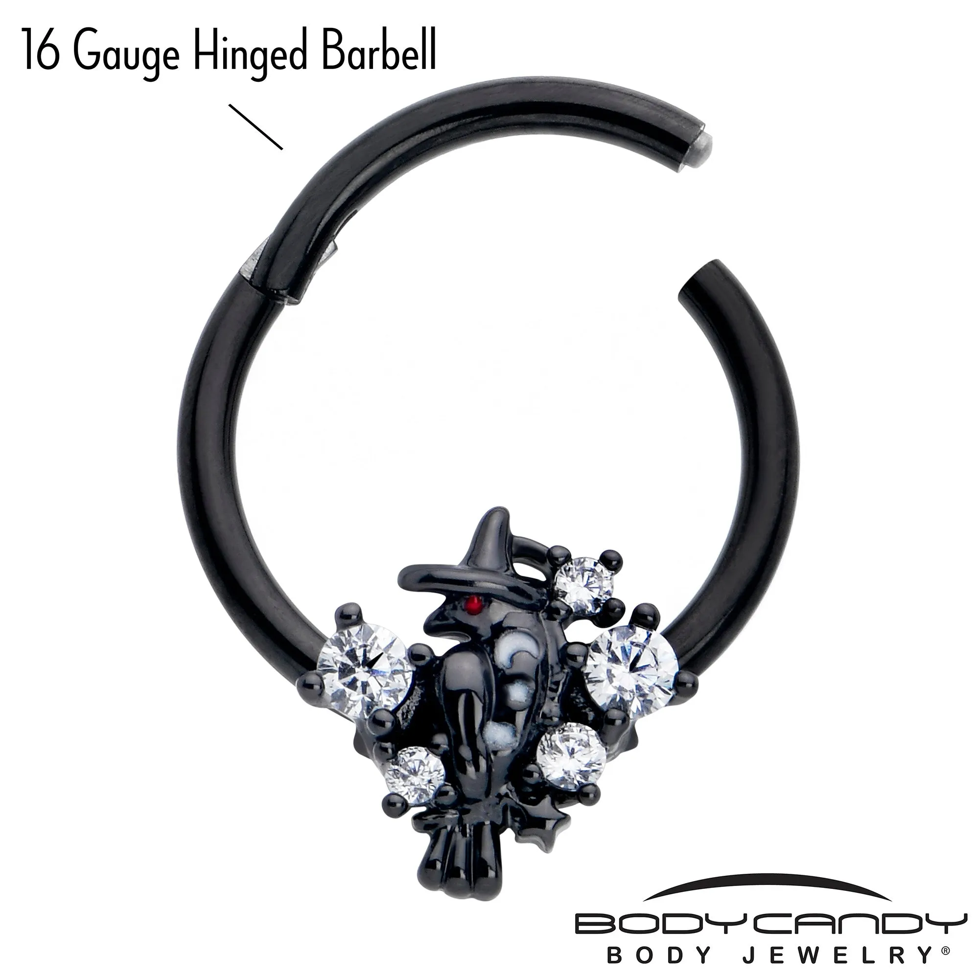 16 Gauge 3/8 Clear CZ Gem Black Raven Witch Hinged Segment Ring