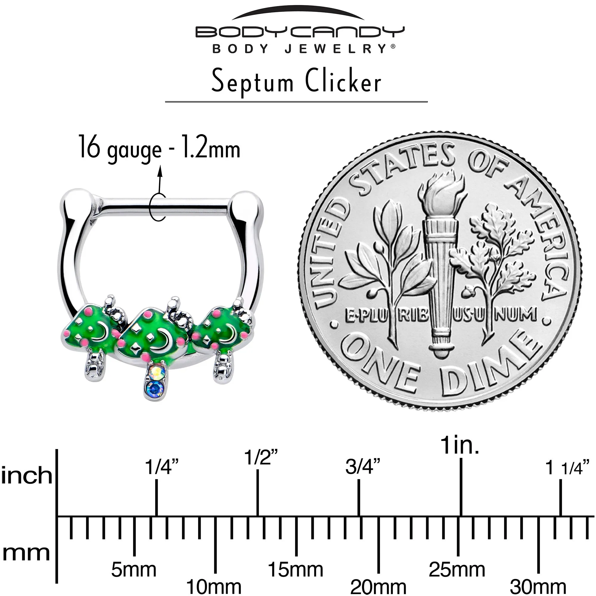 16 Gauge 5/16 Aurora Gem Fanciful Green Mushroom Trio Cartilage Clicker