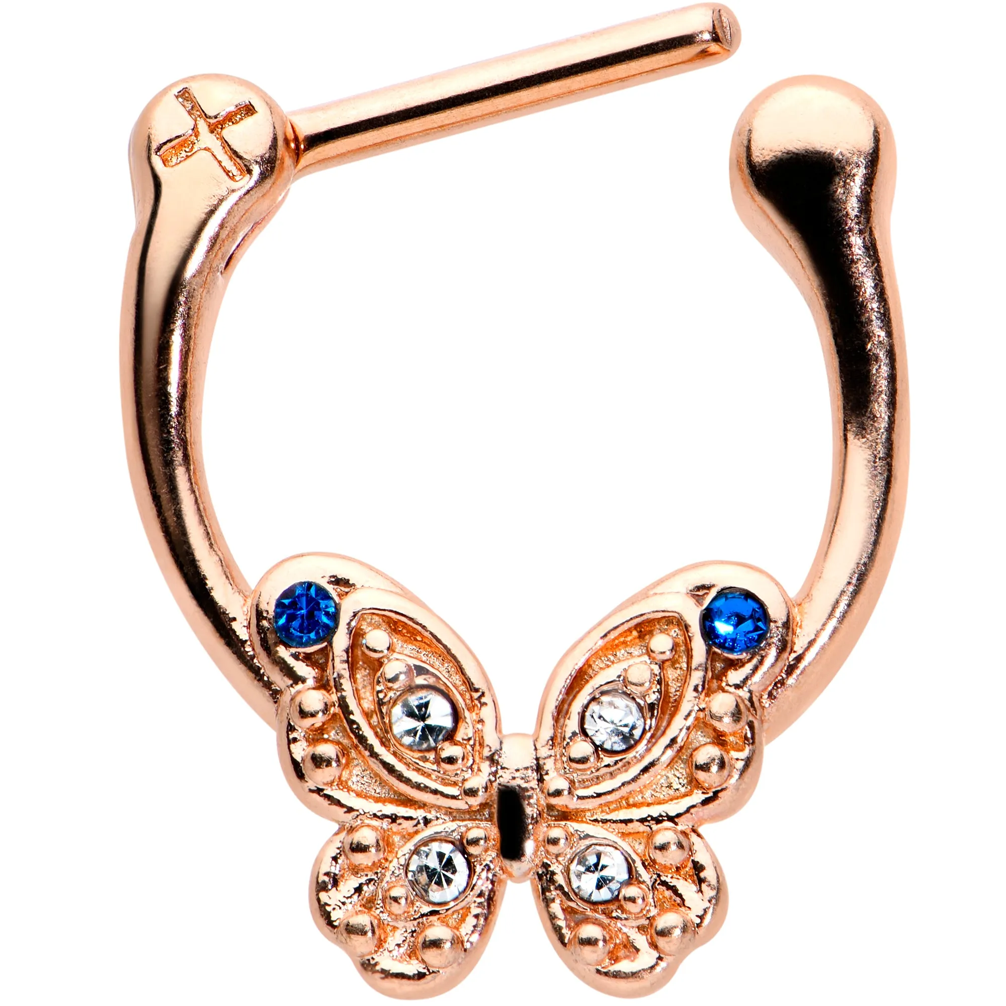 16 Gauge 5/16 Blue Gem Rose Gold Tone Butterfly Cartilage Clicker