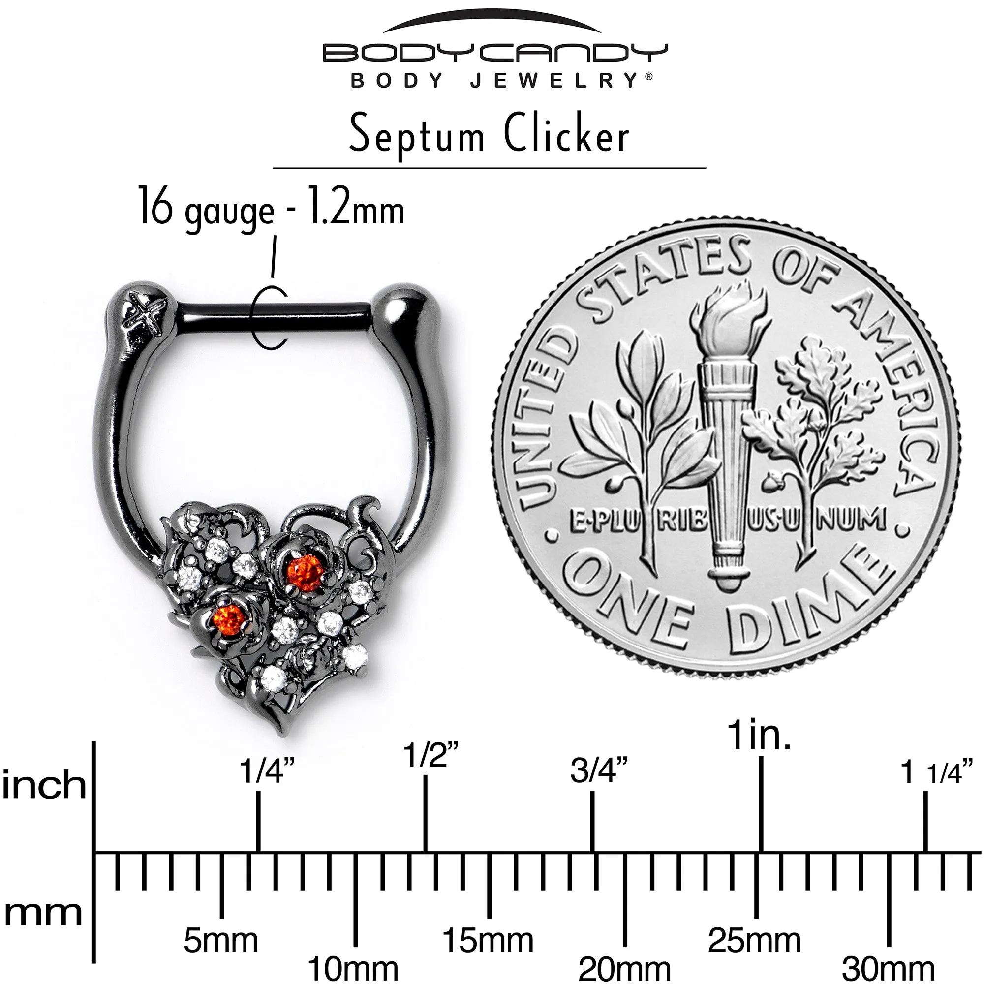16 Gauge 5/16 Red Clear CZ Black Floral Heart Cartilage Clicker