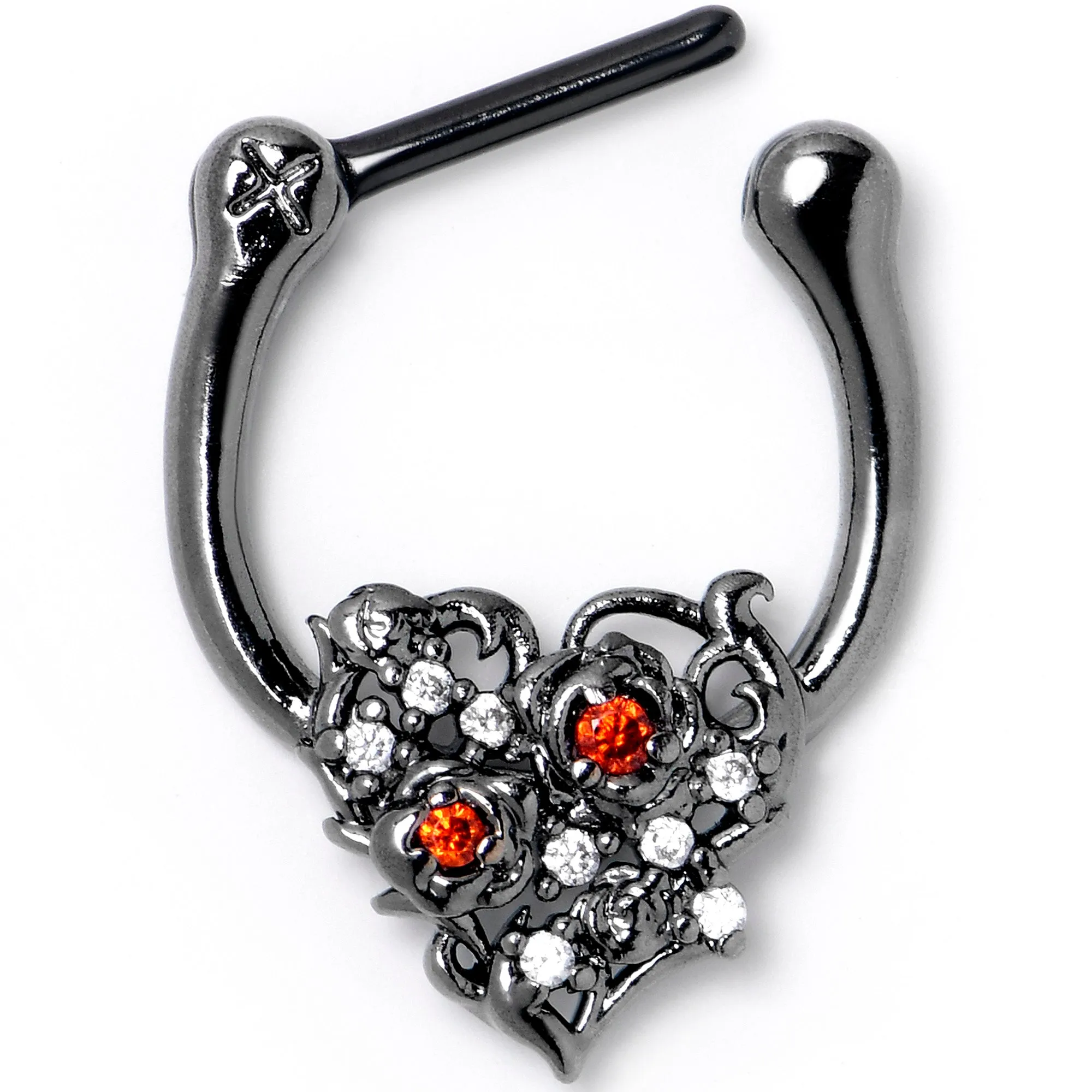 16 Gauge 5/16 Red Clear CZ Black Floral Heart Cartilage Clicker