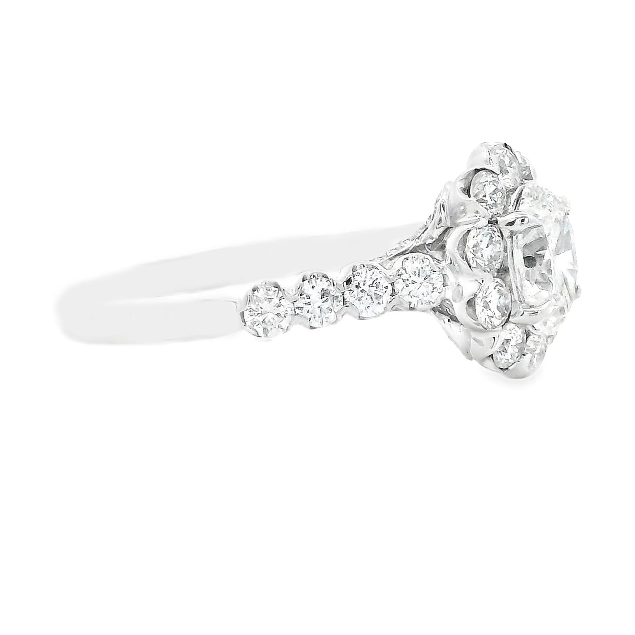 1.65ct Oval Cut 18k White Gold Vintage Style Engagement Ring