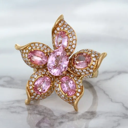 1.76ct GIA Certified Unheated Oval Padparadscha Sapphire Ring with Padparadscha and Diamond Accents in 18K Rose Gold