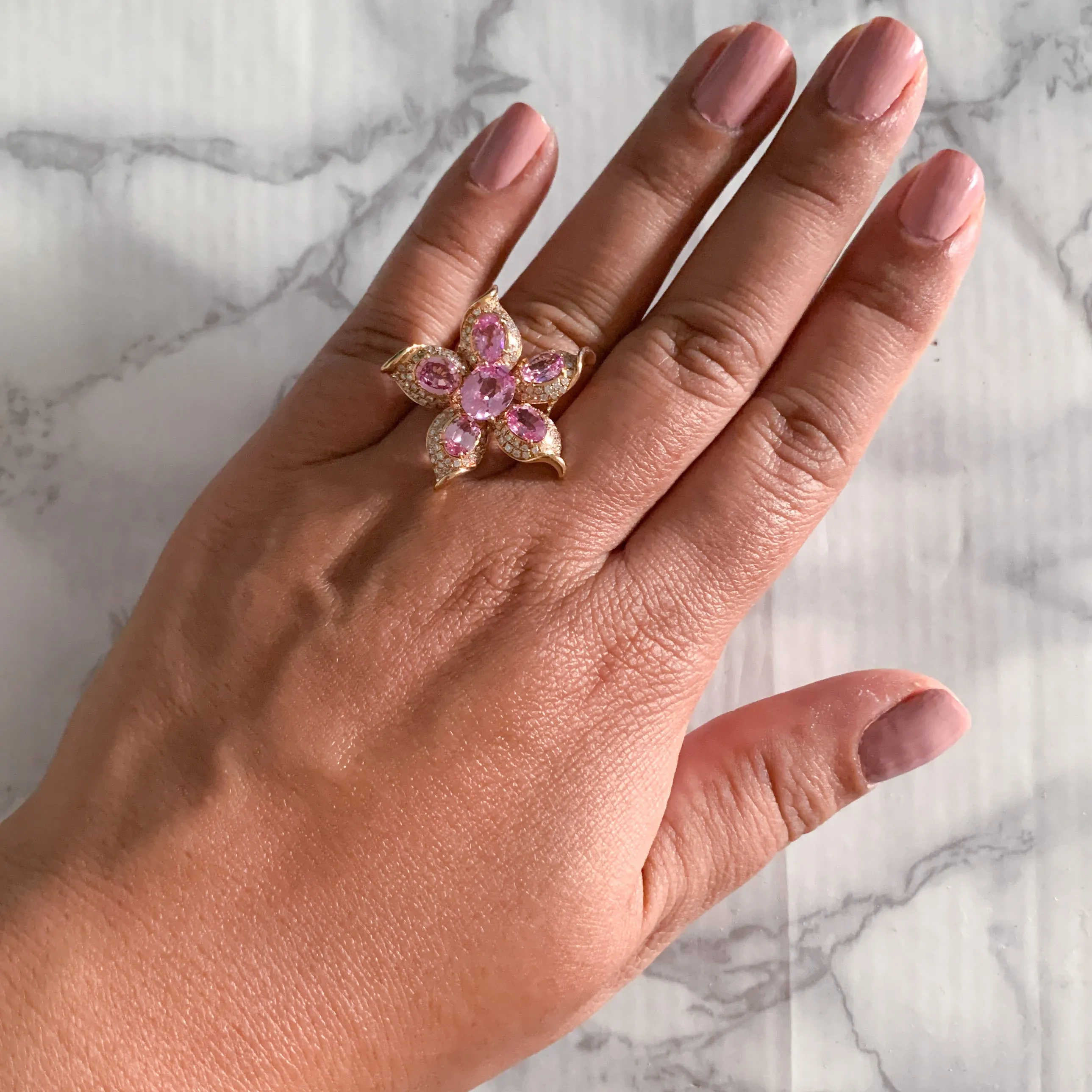 1.76ct GIA Certified Unheated Oval Padparadscha Sapphire Ring with Padparadscha and Diamond Accents in 18K Rose Gold