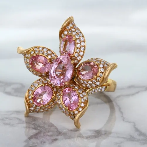 1.76ct GIA Certified Unheated Oval Padparadscha Sapphire Ring with Padparadscha and Diamond Accents in 18K Rose Gold