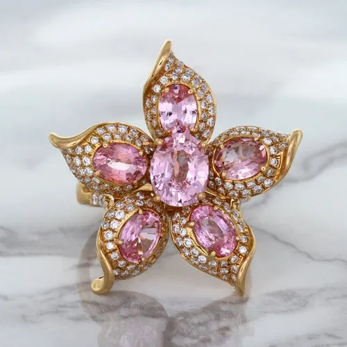 1.76ct GIA Certified Unheated Oval Padparadscha Sapphire Ring with Padparadscha and Diamond Accents in 18K Rose Gold