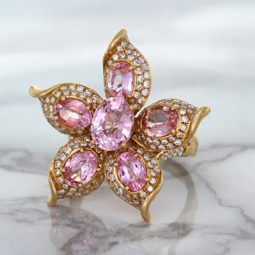 1.76ct GIA Certified Unheated Oval Padparadscha Sapphire Ring with Padparadscha and Diamond Accents in 18K Rose Gold