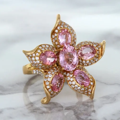 1.76ct GIA Certified Unheated Oval Padparadscha Sapphire Ring with Padparadscha and Diamond Accents in 18K Rose Gold