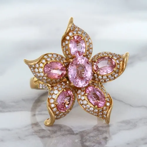 1.76ct GIA Certified Unheated Oval Padparadscha Sapphire Ring with Padparadscha and Diamond Accents in 18K Rose Gold
