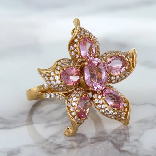 1.76ct GIA Certified Unheated Oval Padparadscha Sapphire Ring with Padparadscha and Diamond Accents in 18K Rose Gold