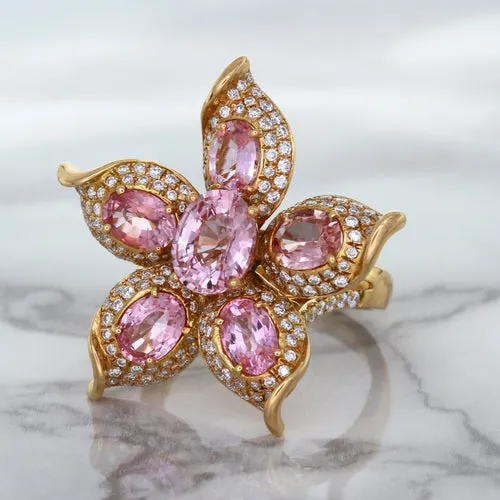 1.76ct GIA Certified Unheated Oval Padparadscha Sapphire Ring with Padparadscha and Diamond Accents in 18K Rose Gold