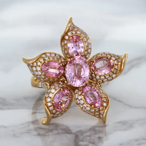 1.76ct GIA Certified Unheated Oval Padparadscha Sapphire Ring with Padparadscha and Diamond Accents in 18K Rose Gold