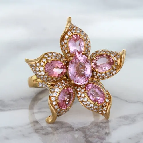 1.76ct GIA Certified Unheated Oval Padparadscha Sapphire Ring with Padparadscha and Diamond Accents in 18K Rose Gold