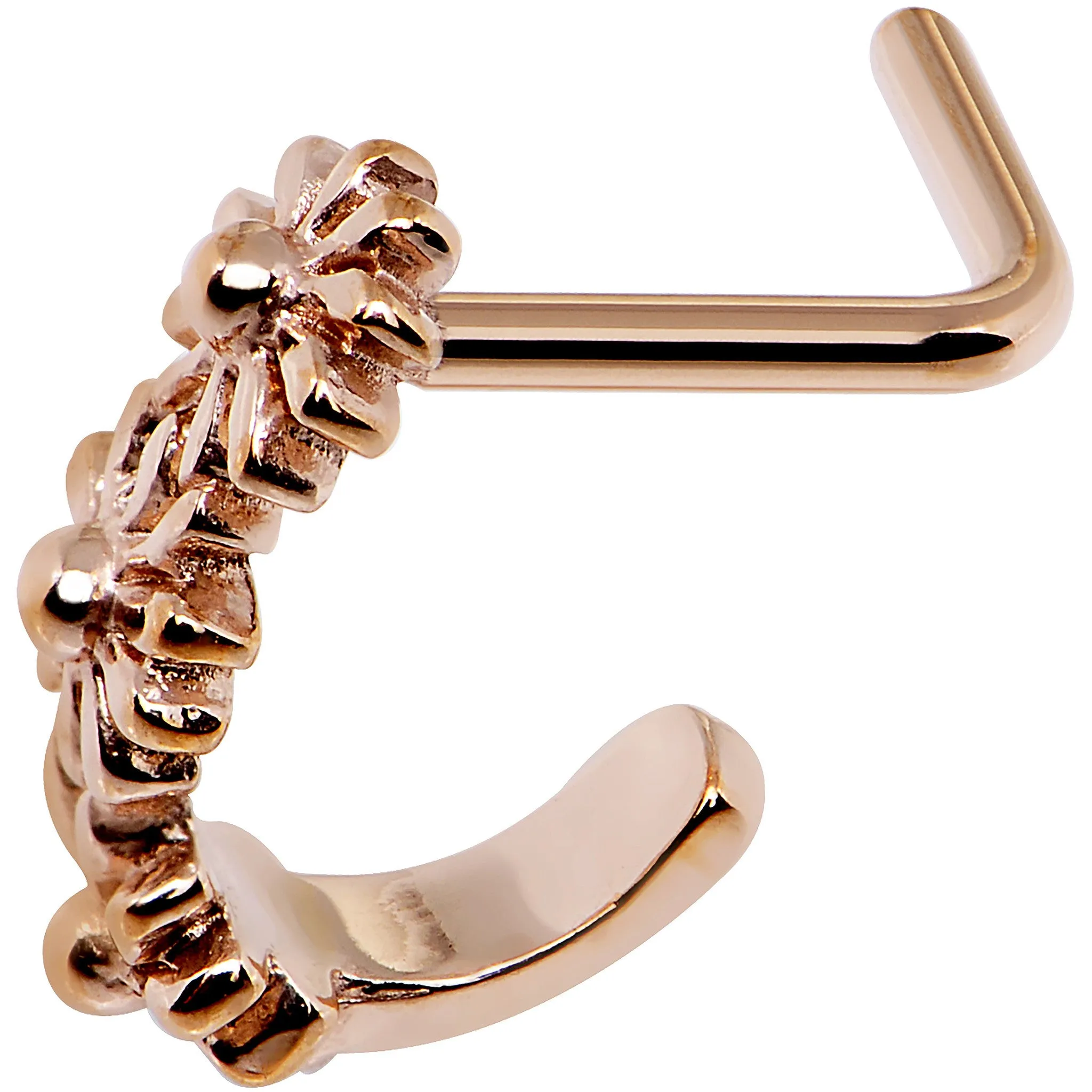 18 Gauge Rose Gold PVD Daisy Flower Chain Faux Hoop L Shaped Nose Ring