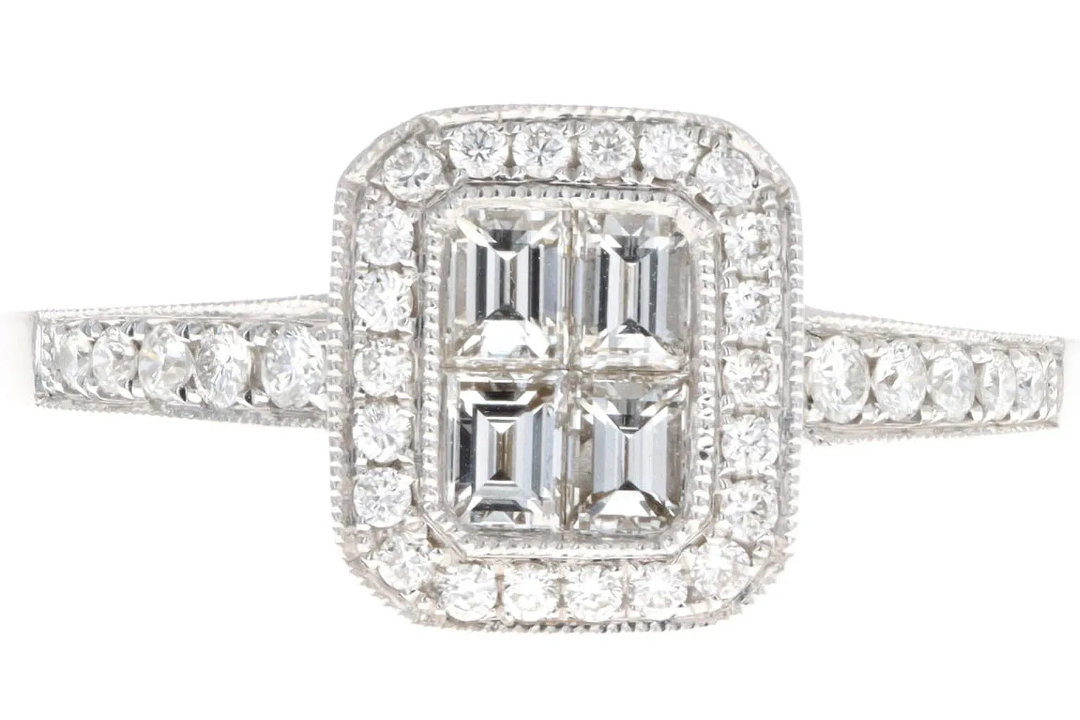 18K White Gold Baguette Diamond Cluster Engagement Ring