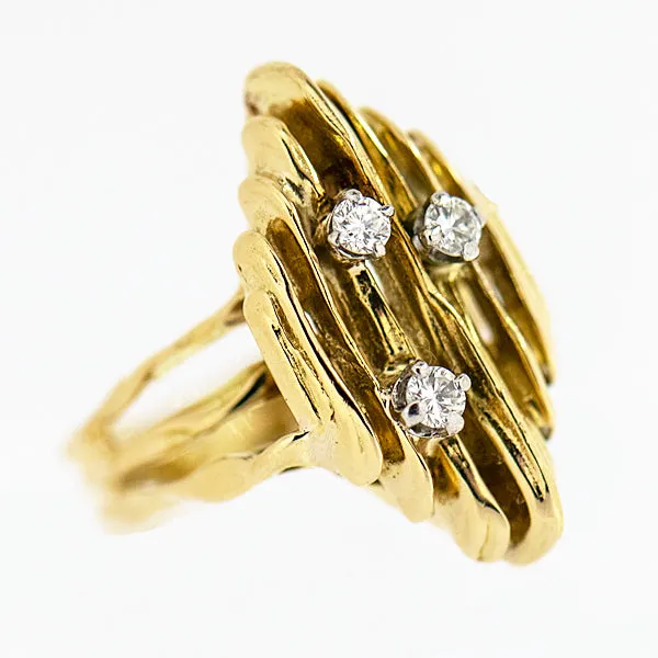 18K Yellow Gold 3 Diamond 0.15 ctw Free Style Designer Ring