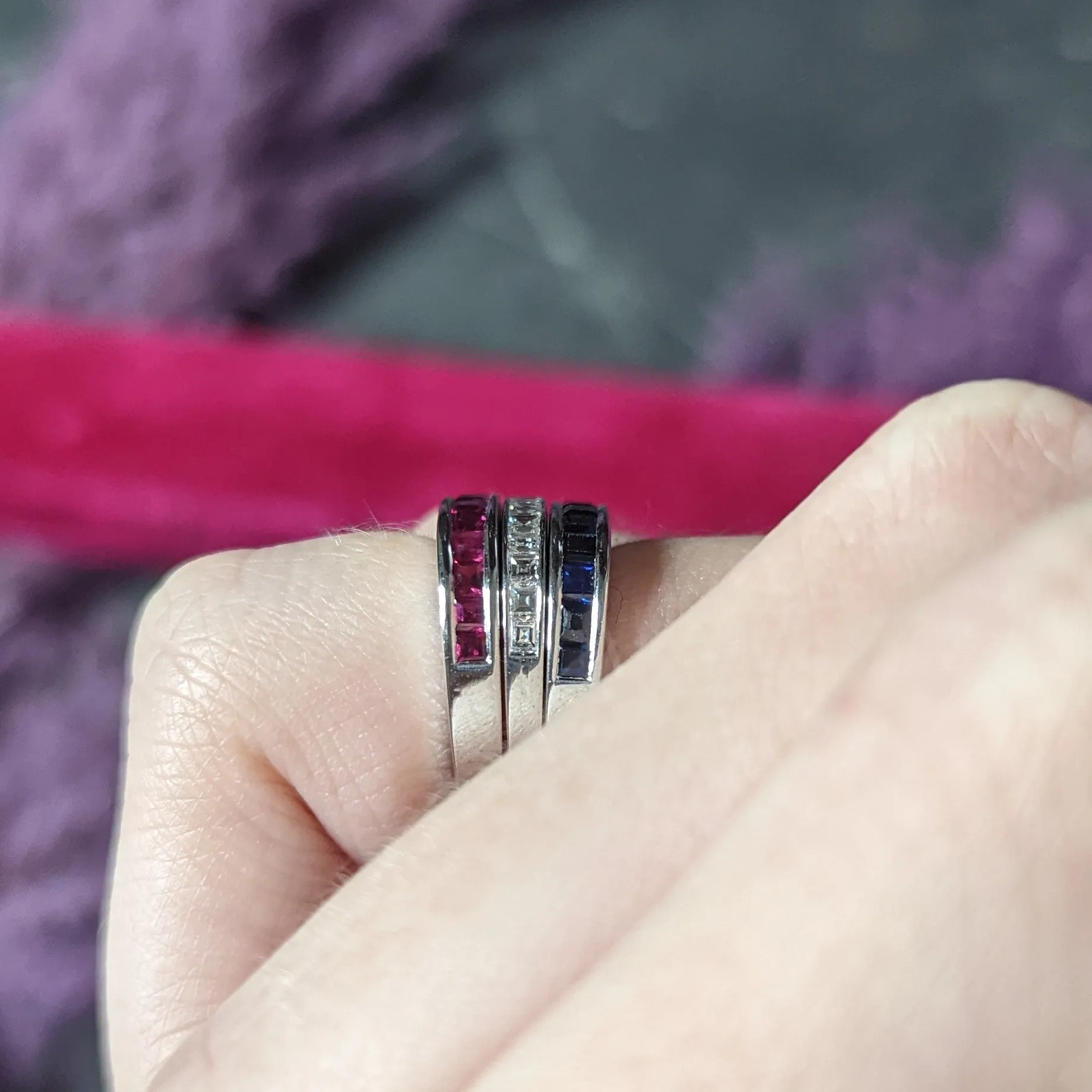 1950's Mid-Century 2.80 CTW Sapphire Ruby Diamond 18 Karat White Gold Three Channel Band Vintage Rings