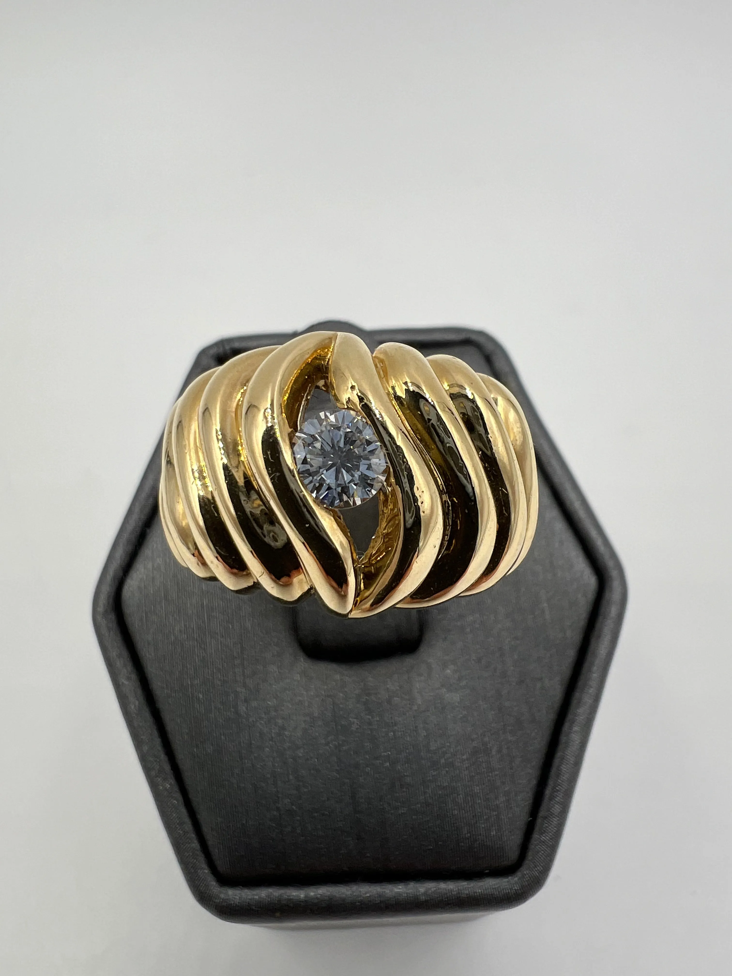 1970s Fluted Semi Dome Diamond Yellow Gold Solitaire Ring