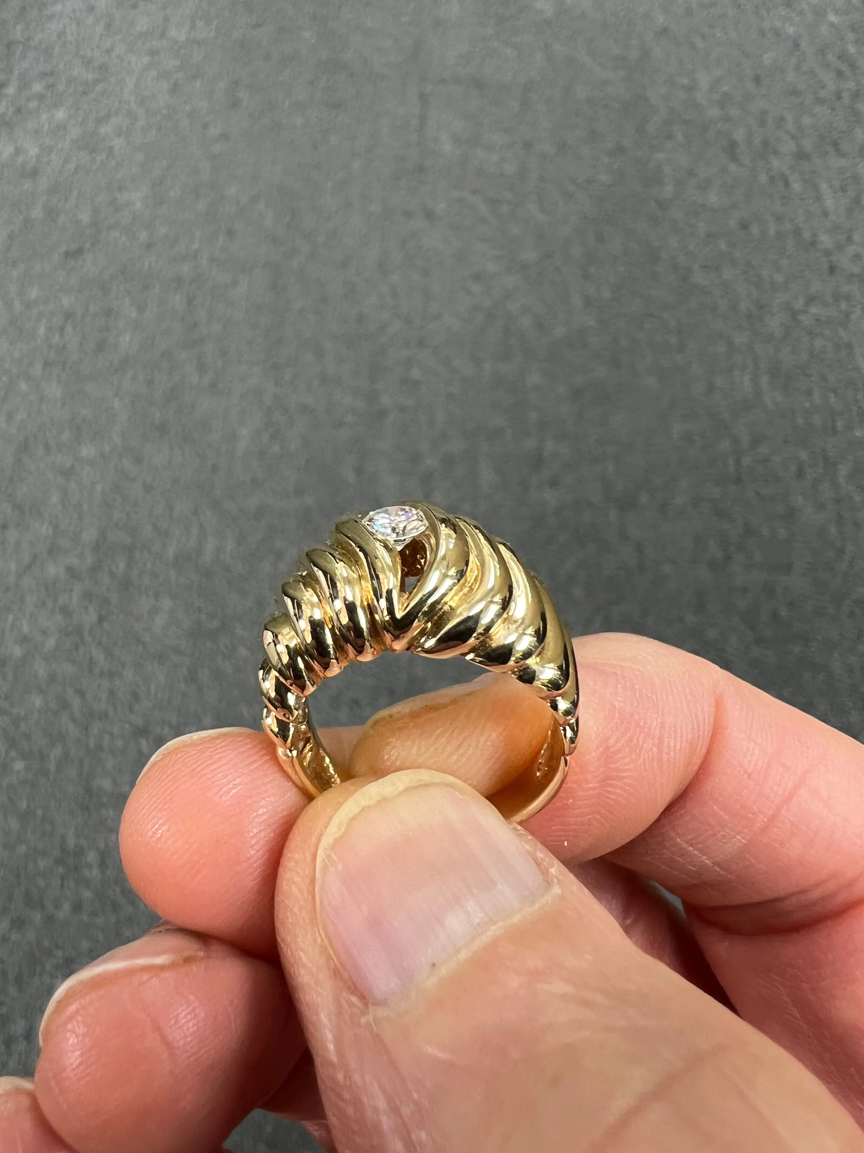 1970s Fluted Semi Dome Diamond Yellow Gold Solitaire Ring