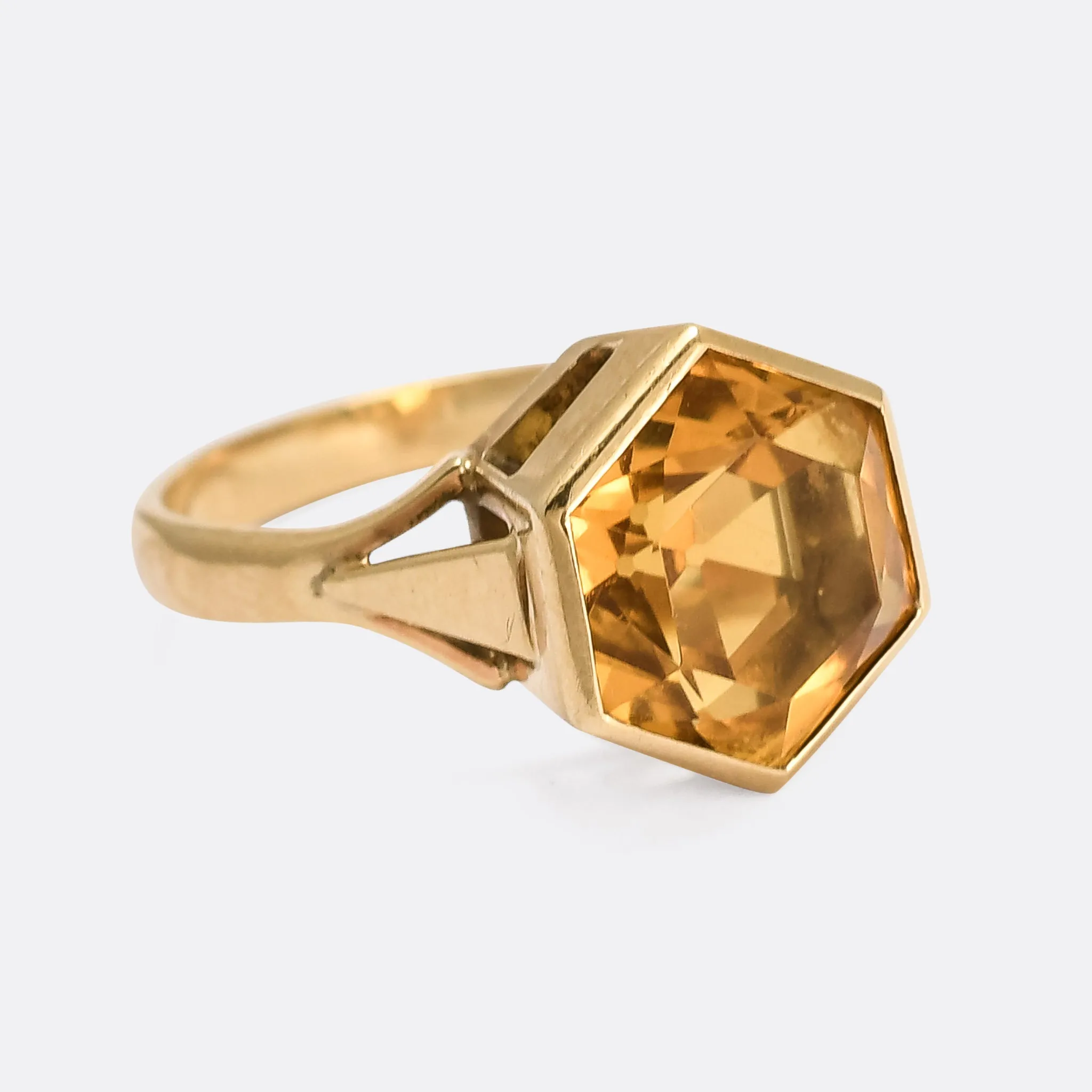 1980s Citrine Hexagon Solitaire Ring
