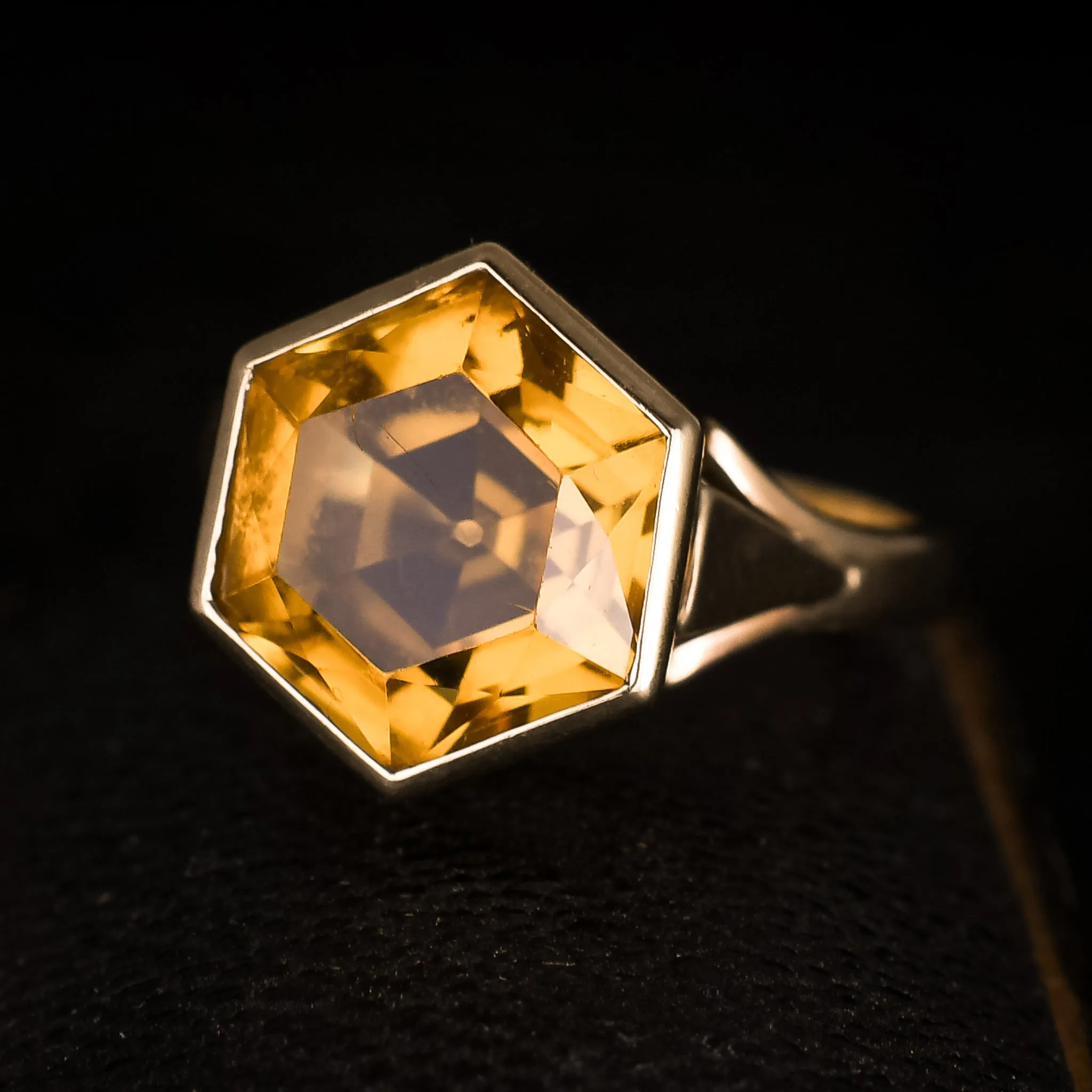 1980s Citrine Hexagon Solitaire Ring