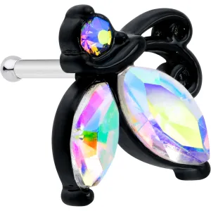 20 Gauge 1/4 Aurora CZ Gem Fleur de Lis Butterfly Black Nose Bone